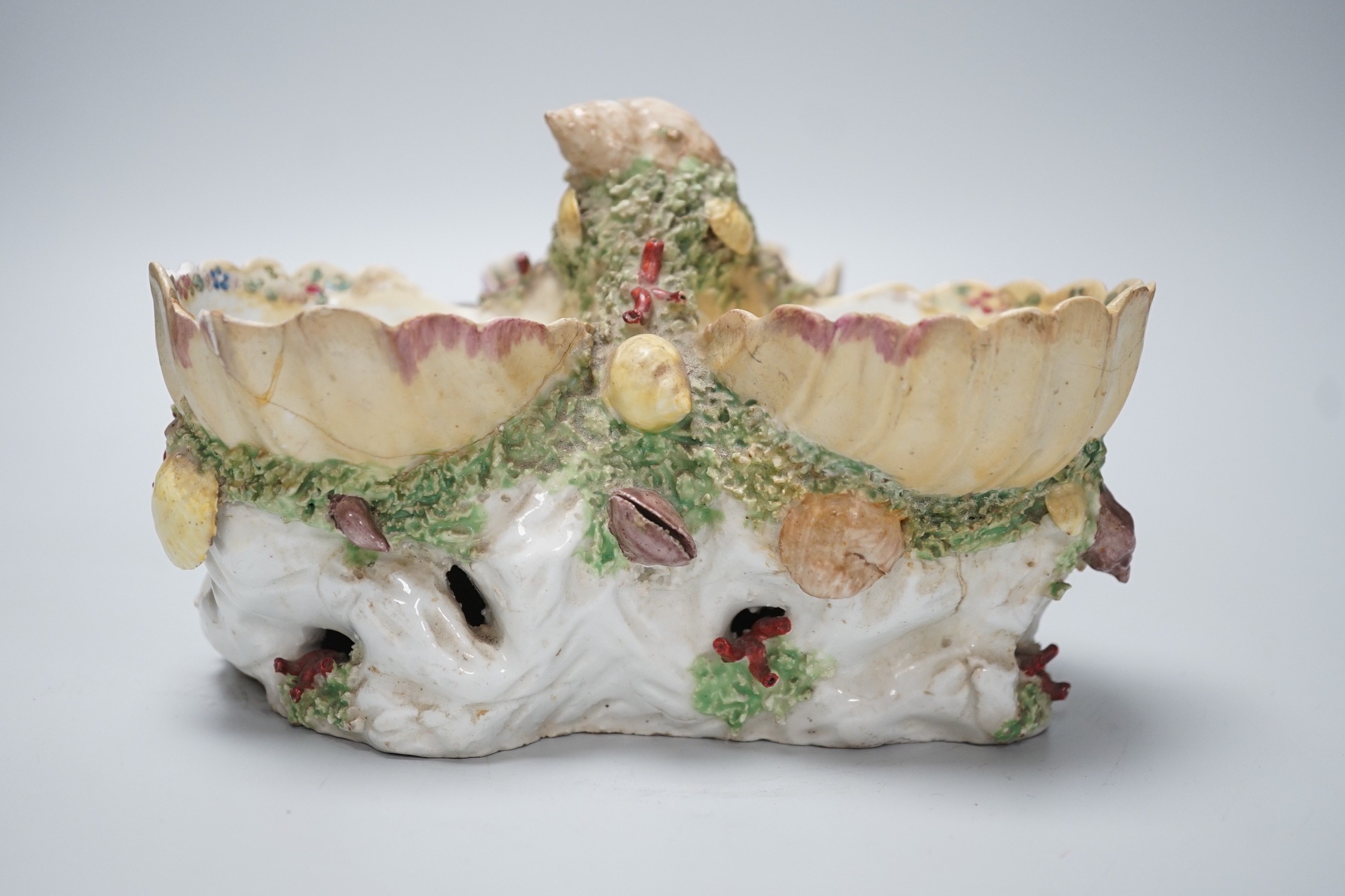 A Bow 'shell' sweetmeat centrepiece, c.1760, restored, 13cms high